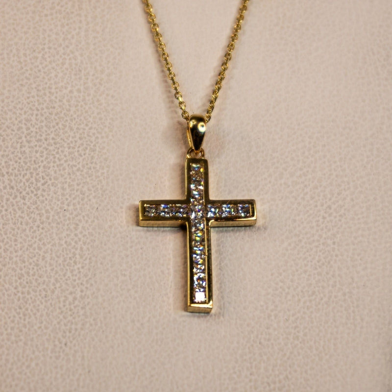 14K Gold Flat Cross With Diamonds Pendant
