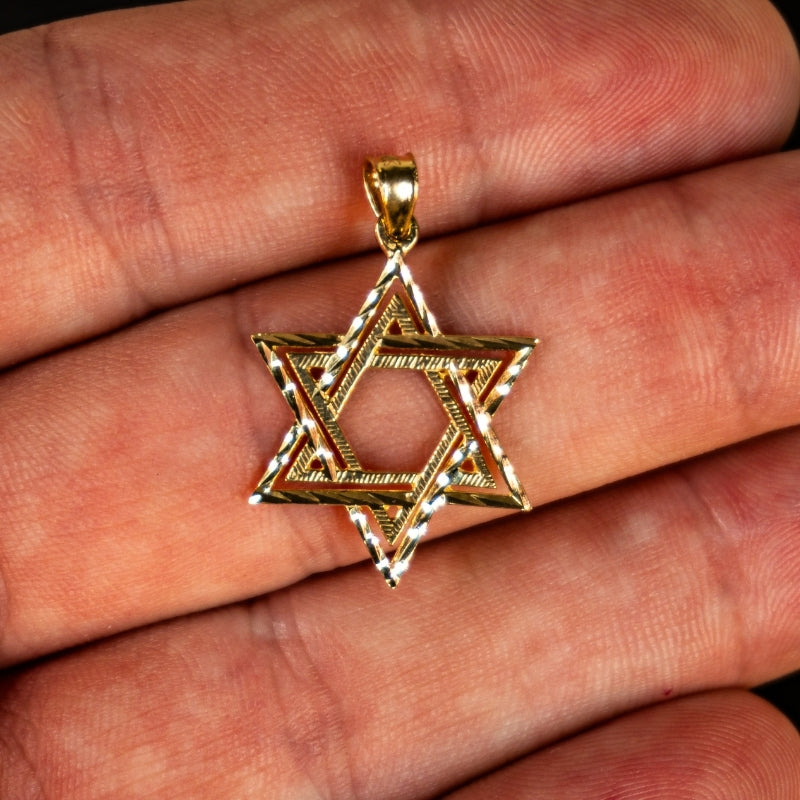 14K Gold Star David Textured Pendant