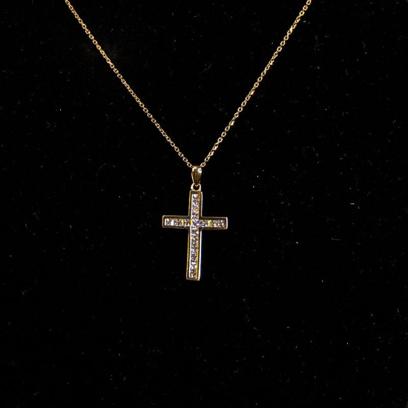 14K Gold Flat Cross With Diamonds Pendant