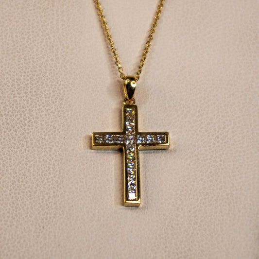 14K Gold Flat Cross With Diamonds Pendant